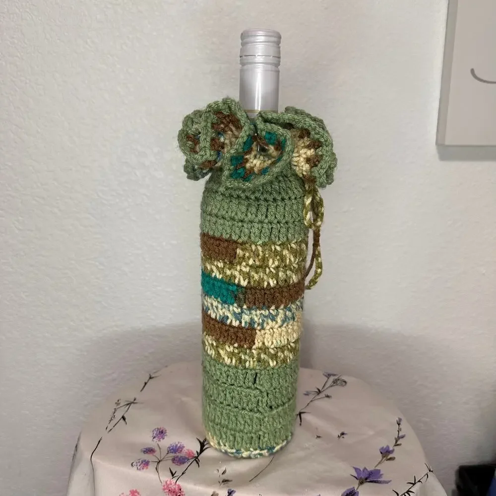 Handmade Crotchet Ruffled Wine Bottle Holder with Drawstring